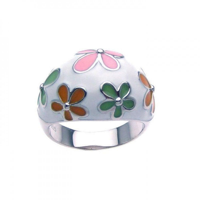 Closeout-Silver 925 Rhodium Plated Multi Colored Enamel Flower Dome Ring - STR00626 | Silver Palace Inc.