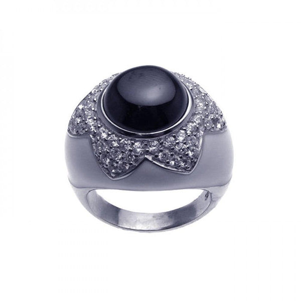 Closeout-Silver 925 Rhodium Plated Black Onyx Clear Cluster CZ Dome Ring - STR00634 | Silver Palace Inc.