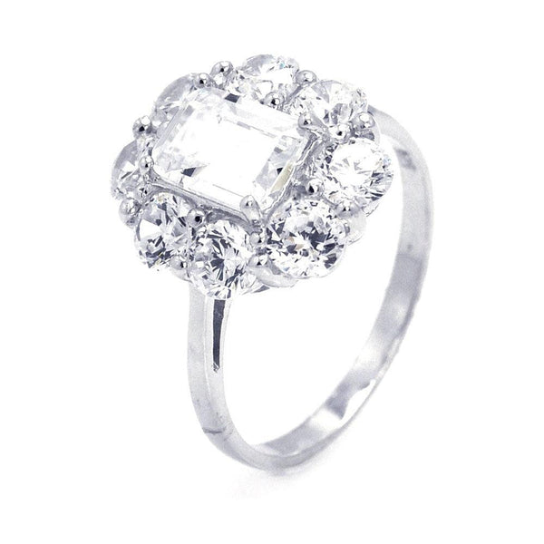 Silver 925 Rhodium Plated Rectangular Center CZ Flower Ring - STR00647 | Silver Palace Inc.