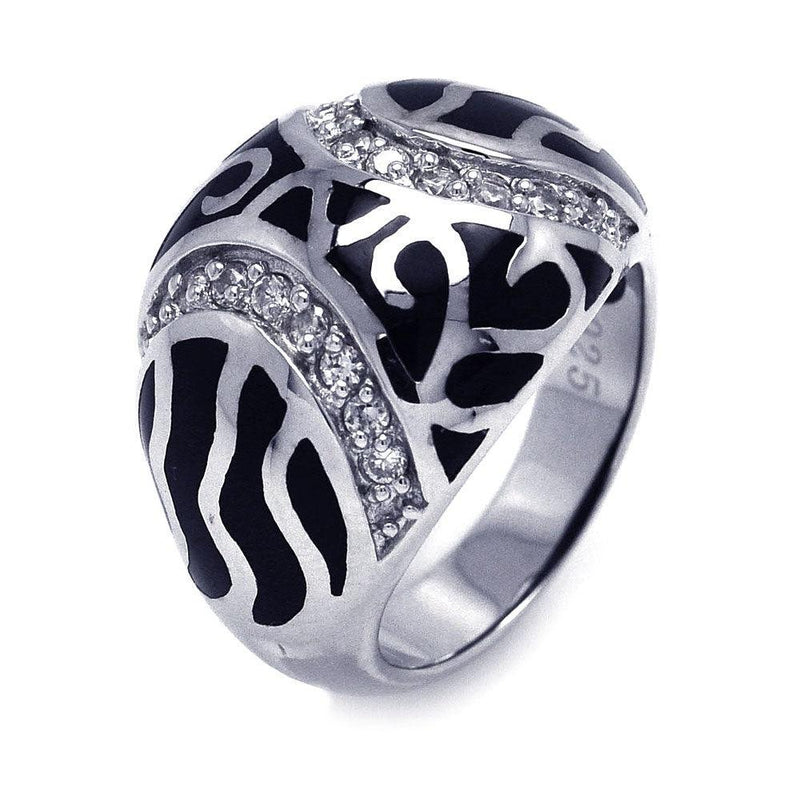 Closeout-Silver 925 Rhodium Plated Black Enamel CZ Swirl Dome Ring - STR00662 | Silver Palace Inc.