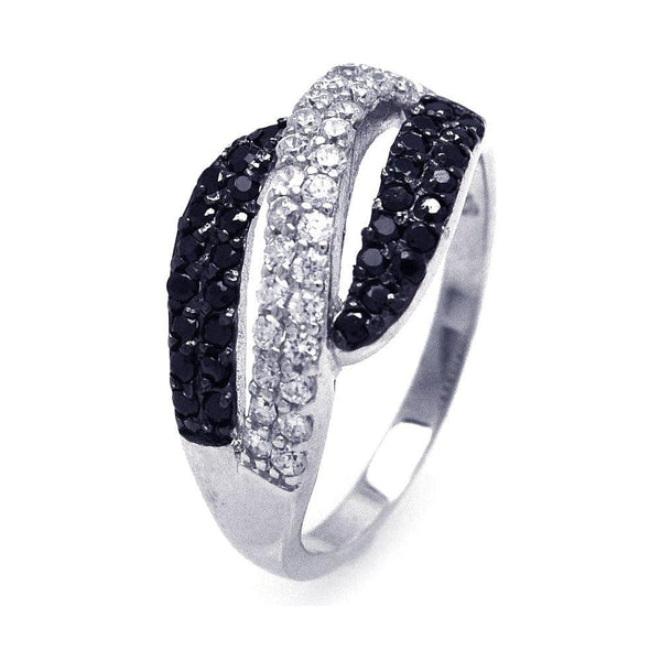 Closeout-Silver 925 Rhodium and Black Rhodium Plated Black and Clear CZ Wave Ring - STR00676 | Silver Palace Inc.