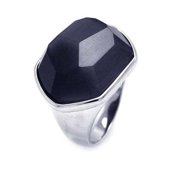 Closeout-Silver 925 Rhodium Plated Multi Faceted Black Cat's Eye CZ Ring - STR00692 | Silver Palace Inc.