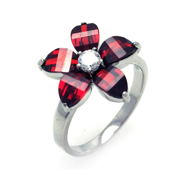 Closeout-Silver 925 Rhodium Plated Red and Clear CZ Flower Ring - STR00699 | Silver Palace Inc.