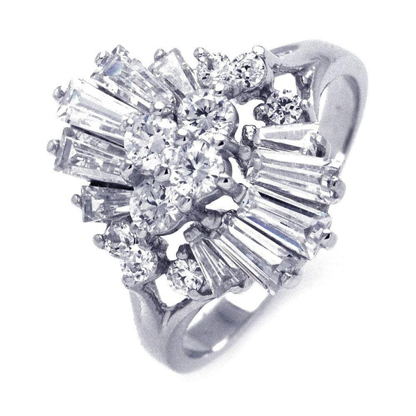Closeout-Silver 925 Rhodium Plated Baguette Round CZ Dynamic Ring - STR00791 | Silver Palace Inc.
