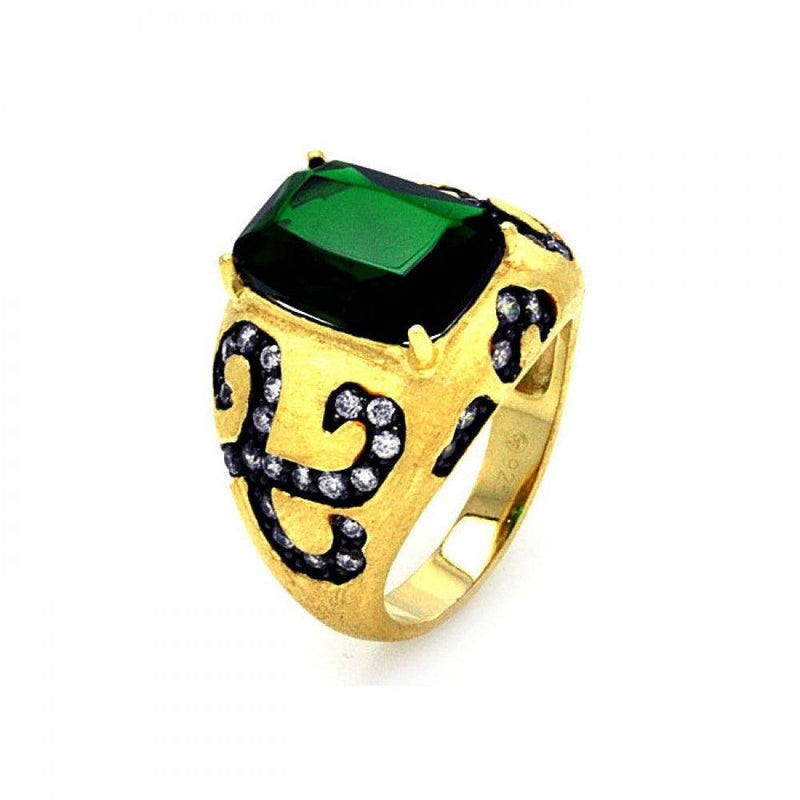 Closeout-Silver 925 Black Rhodium and Gold Plated Green Center and Clear CZ Cigar Band Ring - STR00855 | Silver Palace Inc.