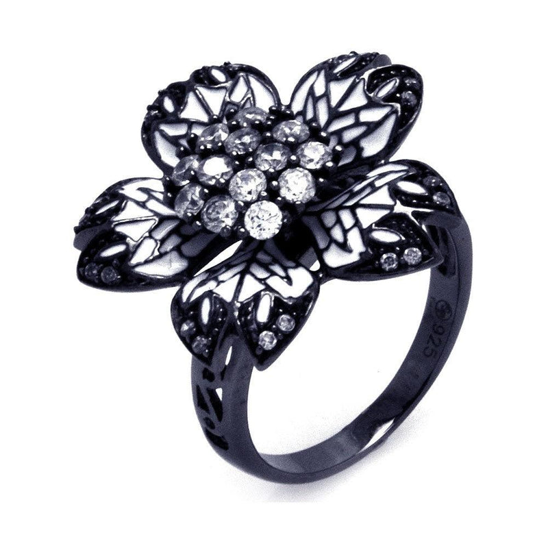 Closeout-Silver 925 Black Rhodium Plated White Enamel Pave Set Clear CZ Flower Ring - STR00857 | Silver Palace Inc.