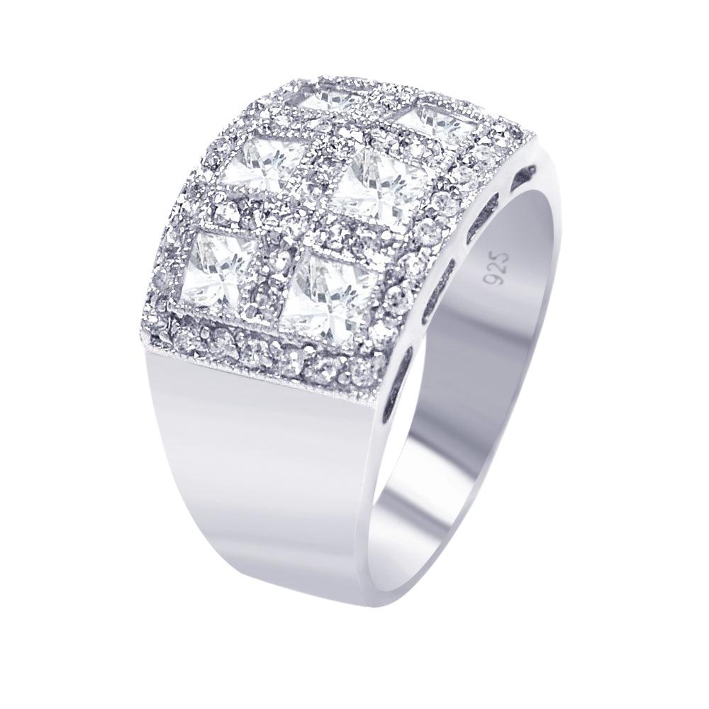 Silver 925 Rhodium Plated Clear Square Pave CZ Cigar Band Bling Ring - AAR0055 | Silver Palace Inc.