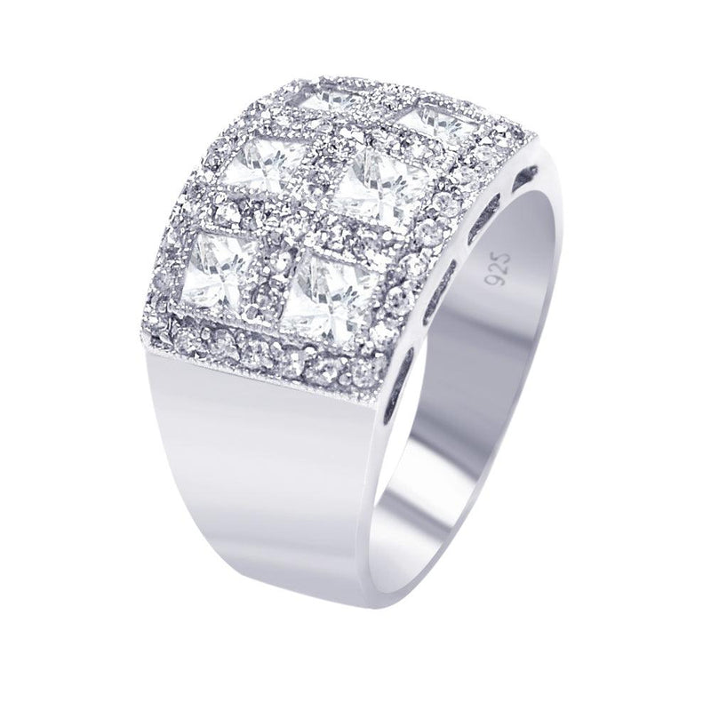 Silver 925 Rhodium Plated Clear Square Pave CZ Cigar Band Bling Ring - AAR0055 | Silver Palace Inc.