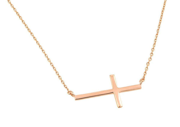 Silver 925 Rose Gold Plated Plain Sideways Solid Cross Pendant Necklace - BGP00821RGP | Silver Palace Inc.