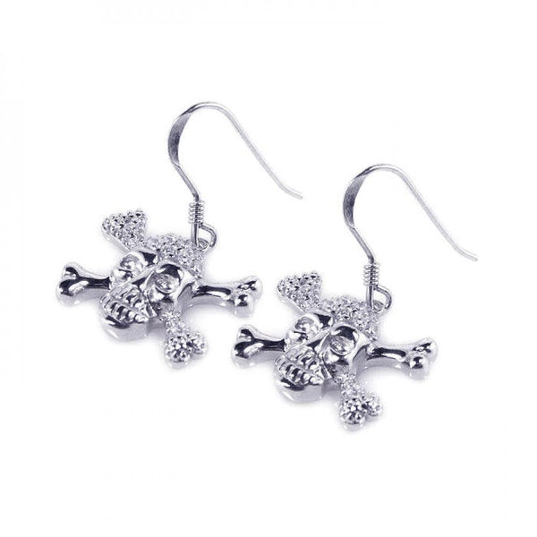 Silver 925 Rhodium Plated Pirate Skull CZ Dangling Hook Earrings - STE00537 | Silver Palace Inc.