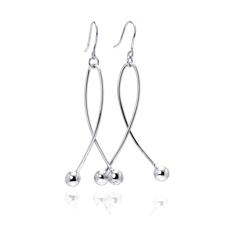 Silver 925 Rhodium Plated Twisted Dangling Two Hanging Balls Hook Earrings - DSE00031 | Silver Palace Inc.